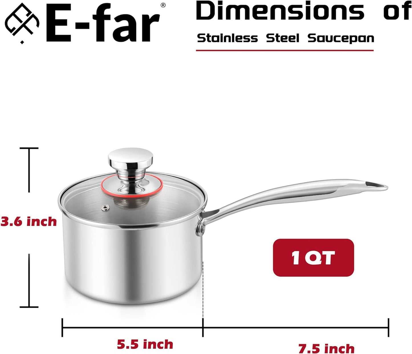E-far 1-Quart Saucepan, Tri-Ply Stainless Steel Sauce Pan with Glass Lid, Small Cooking Induction Pot Compatible with All Cooktops, Non Toxic, Oven & Dishwasher Safe