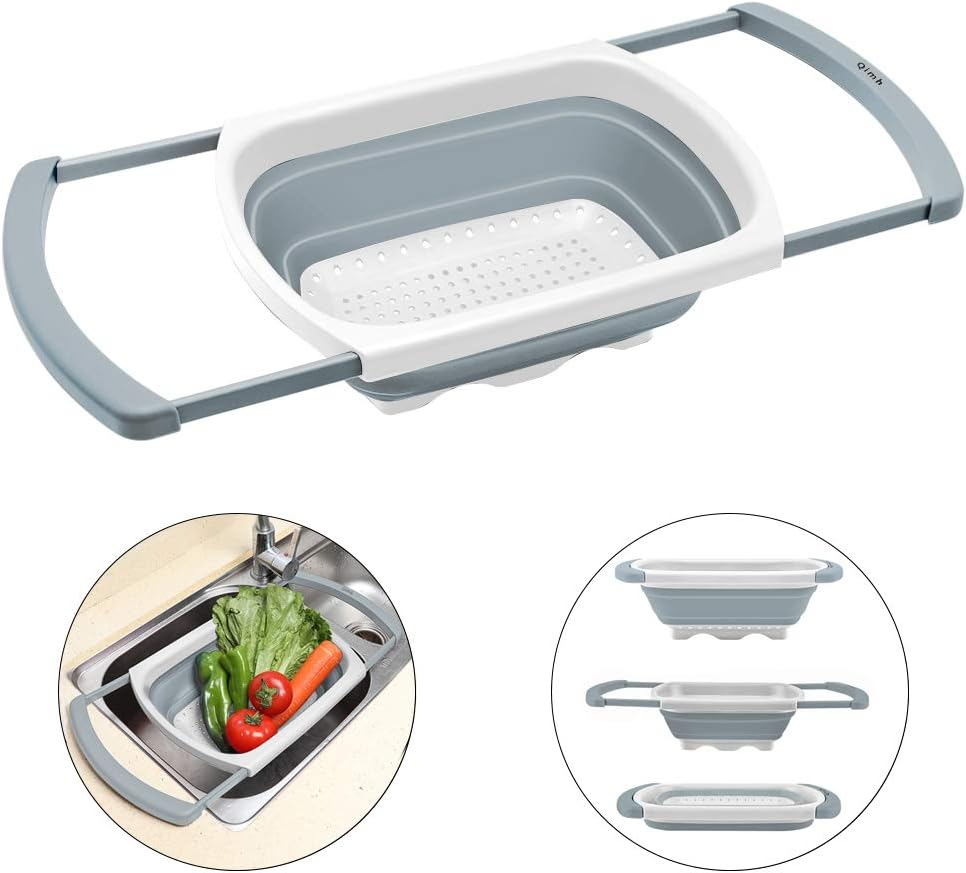 Qimh Collapsible Colander | Over The Sink Silicone Kitchen Strainers and Colanders with Extendable Handles | Veggies, Fruit and Pasta Foldable Strainer for Kitchen, 6-Quart, BPA Free