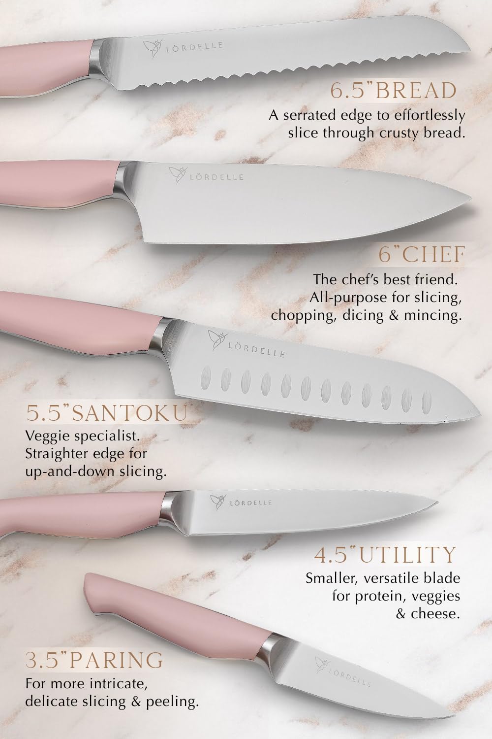 Lordelle Knife Block Set - 5 Piece Set - Rosewood Pink - Lifestyle Home Kitchen Design - German X50 Stainless Steel - ABS Handle - Ash Wood Block - Cooking Chef Knife, Santoku, Paring, Utility