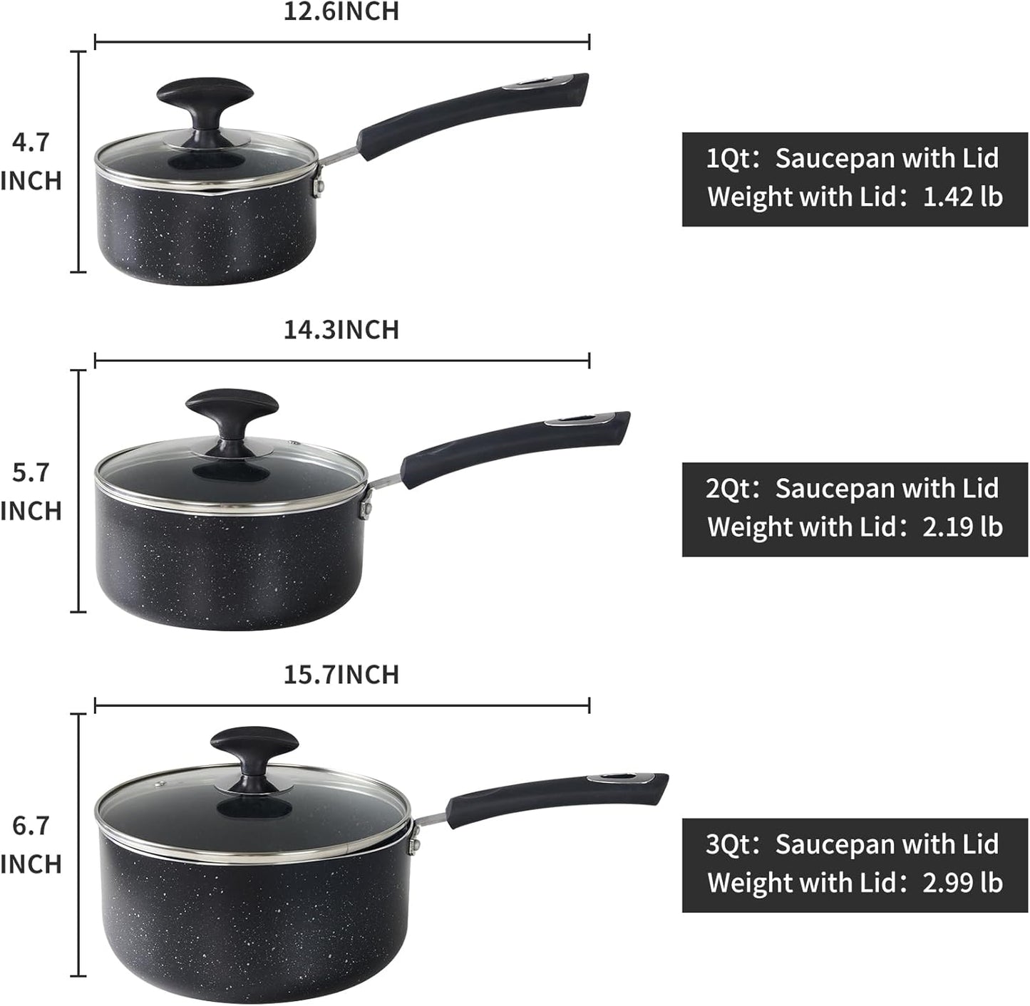 Nonstick Saucepan with Lid, Non Stick 1Qt & 2Qt & 3Qt Sauce Pan Set with Silicone Handle,Small Milk Pot with Glass Lid for Home Kitchen