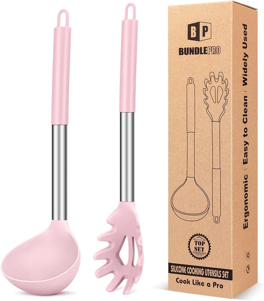 Silicone Pasta Fork and Ladle Spoon Set, Large Non Stick Kitchen Utensils for Cooking,Stirring,Serving Spaghetti, Soup, Sauce (PINK)