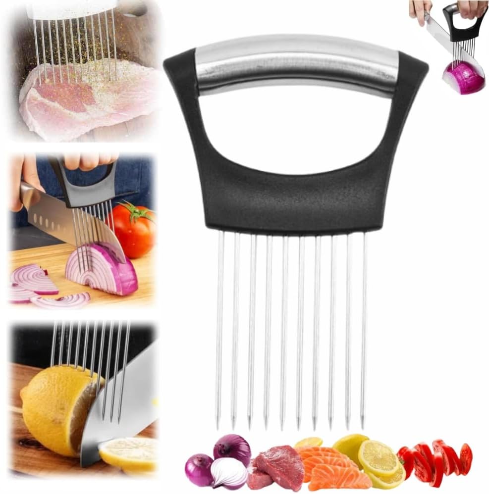 Onion Slice Holder, 2025 Upgraded Stainless Steel Onion Holder for Slicing Lemon Slicer Vegetable Cutter, Kitchen Chopper Slicing Assistant Tool for Meat, Onion, Potato, Tomato (1, A)