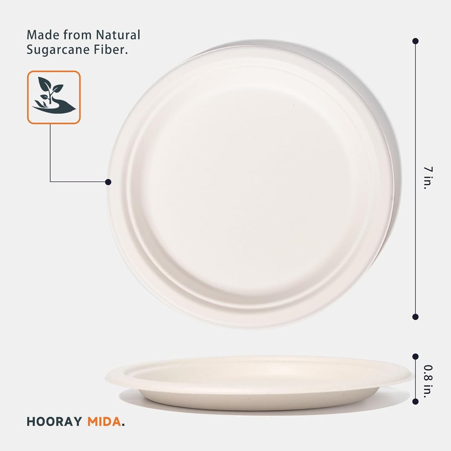 100% Compostable 7 inch Paper Plates, [125-Pack] Disposable Dessert Plates, (BPI Certified)-Heavy Duty, Eco-Friendly Small Paper Plates, Biodegradable Sugarcane Plates, white