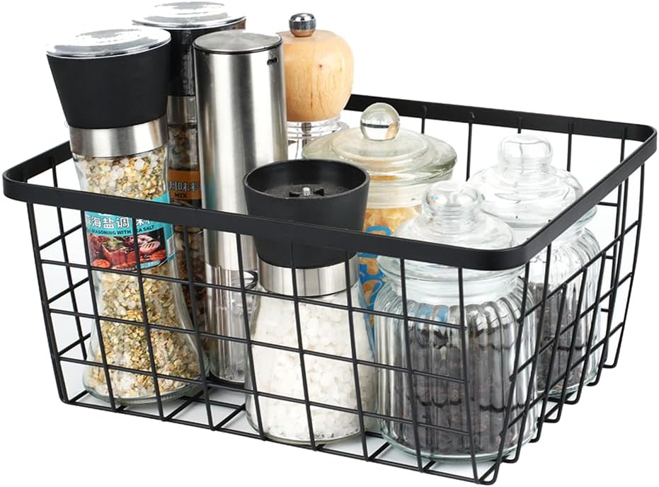 Kitchen Metal Wire Baskets with Handles Food Storage Organizer, Household Refrigerator for Cabinets,Pantry,Bathroom,Black,2 Pack