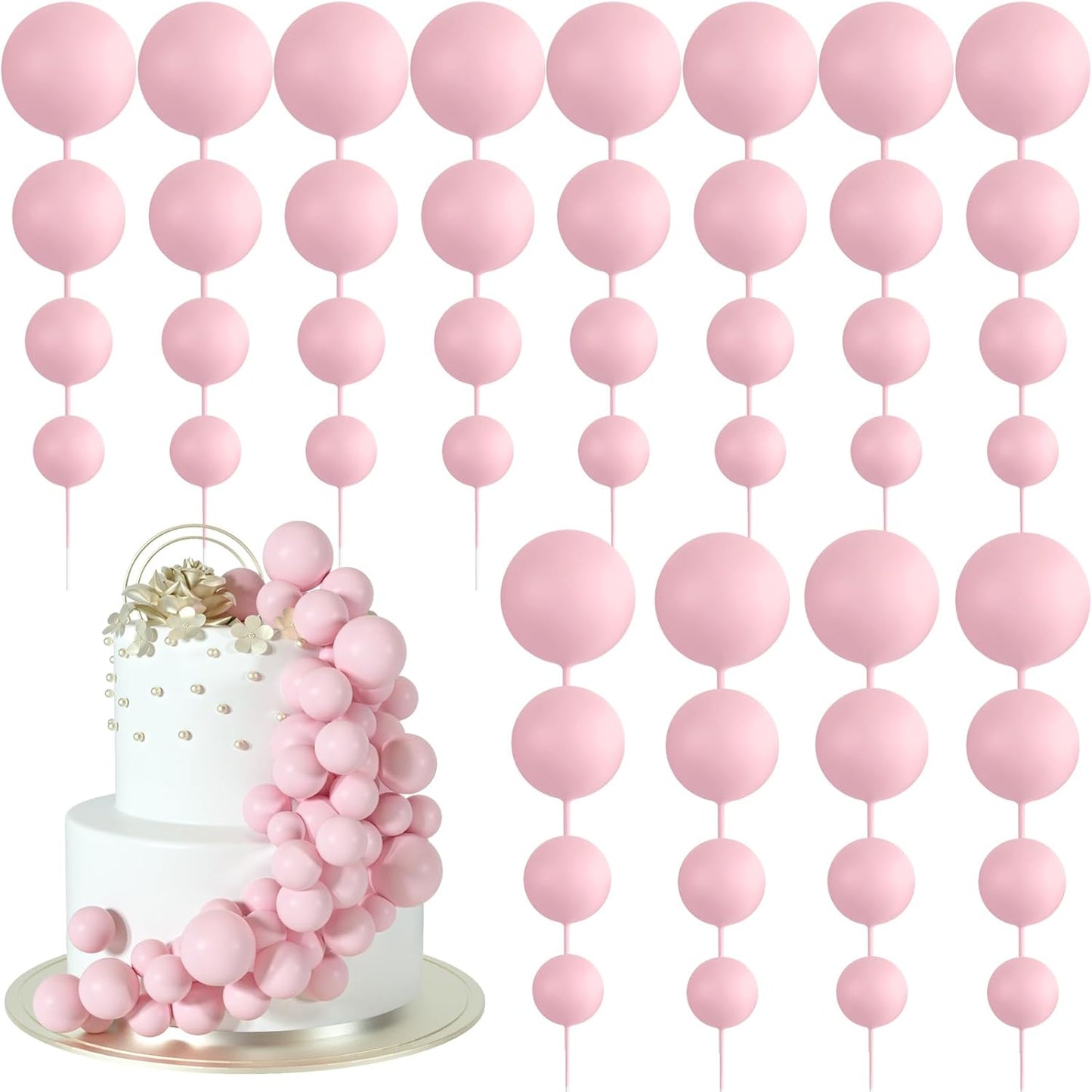 48 Pcs Balls Cake Topper Decorations Balloon Cupcake Toppers Foam Cake Topper Balls Cake Balls Decorations for Birthday Party Wedding Anniversary Cake Decorating (Pink)
