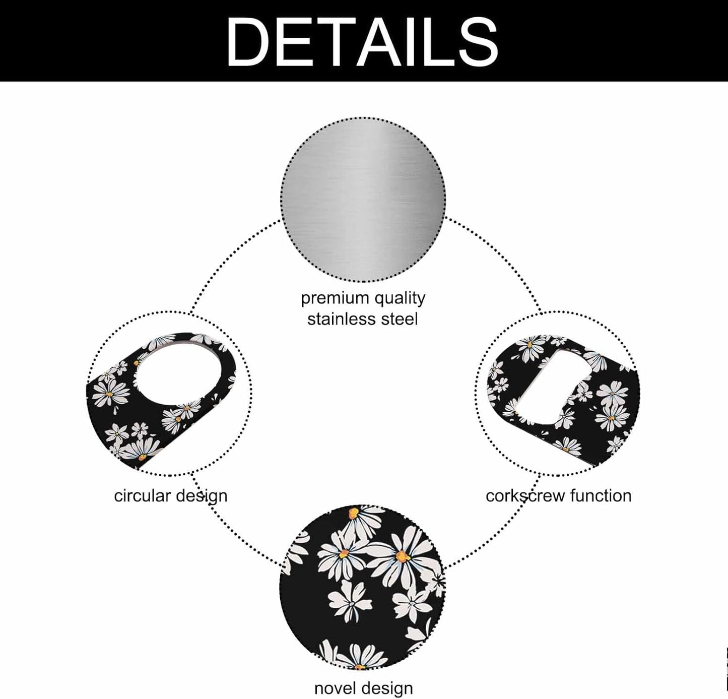 Daisy Print Stainless Steel Bottle Opener Delicate White Flower Blossom Pattern Pretty Floral Petal Flat Beer Bottle Opener Keychain for Home Kitchen Bar Restaurant Party Birthday Gift