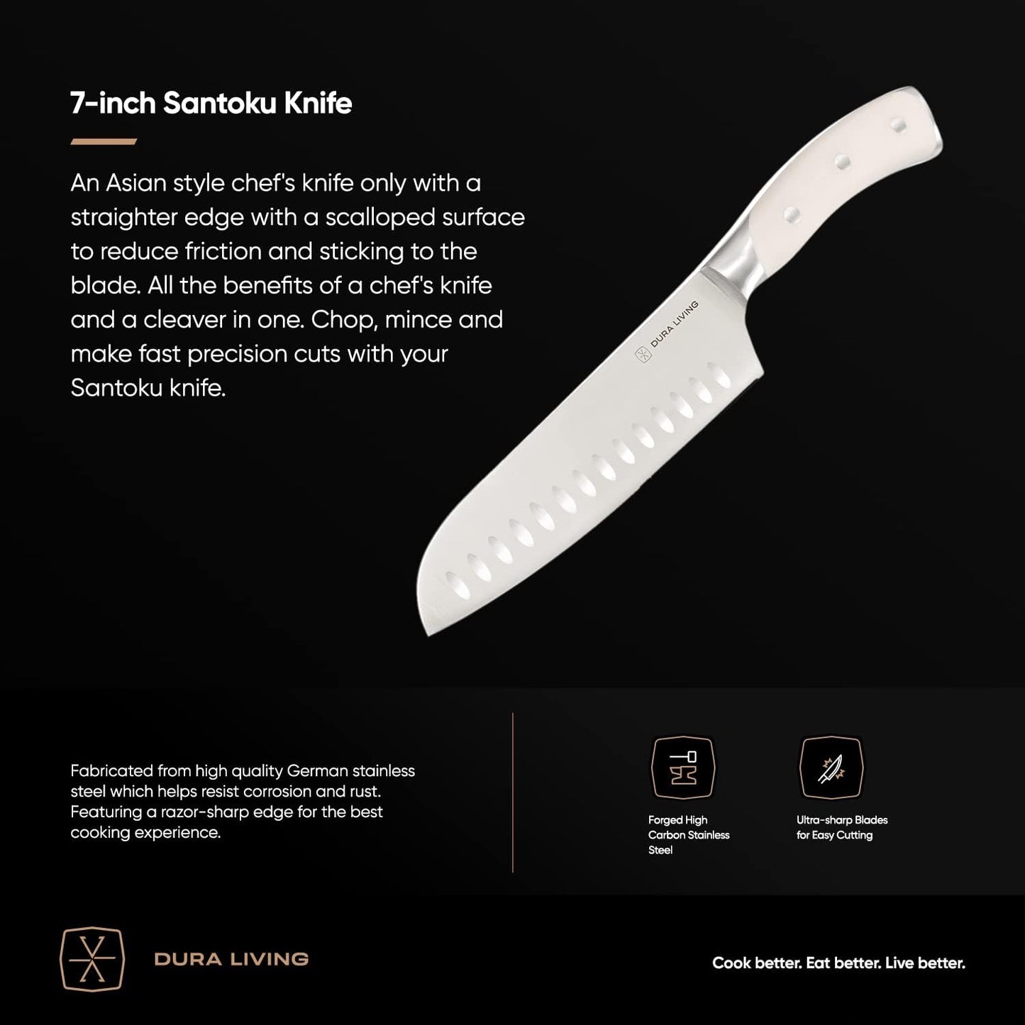 7-Inch Santoku Knife – Ultra-Sharp German High Carbon Stainless Steel, Full Tang, Ergonomic Handle, Multipurpose Kitchen Knife for Chopping, Slicing, and Dicing, Cream