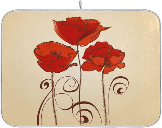 senya Super Absorbent Dish Drying Mat, Microfiber Fast-Drying Dish Mat, 16'' x 18'', Kitchen Dish Drying Pad, Red Poppy Flowers Retro, (g289343169p523c558s1113)