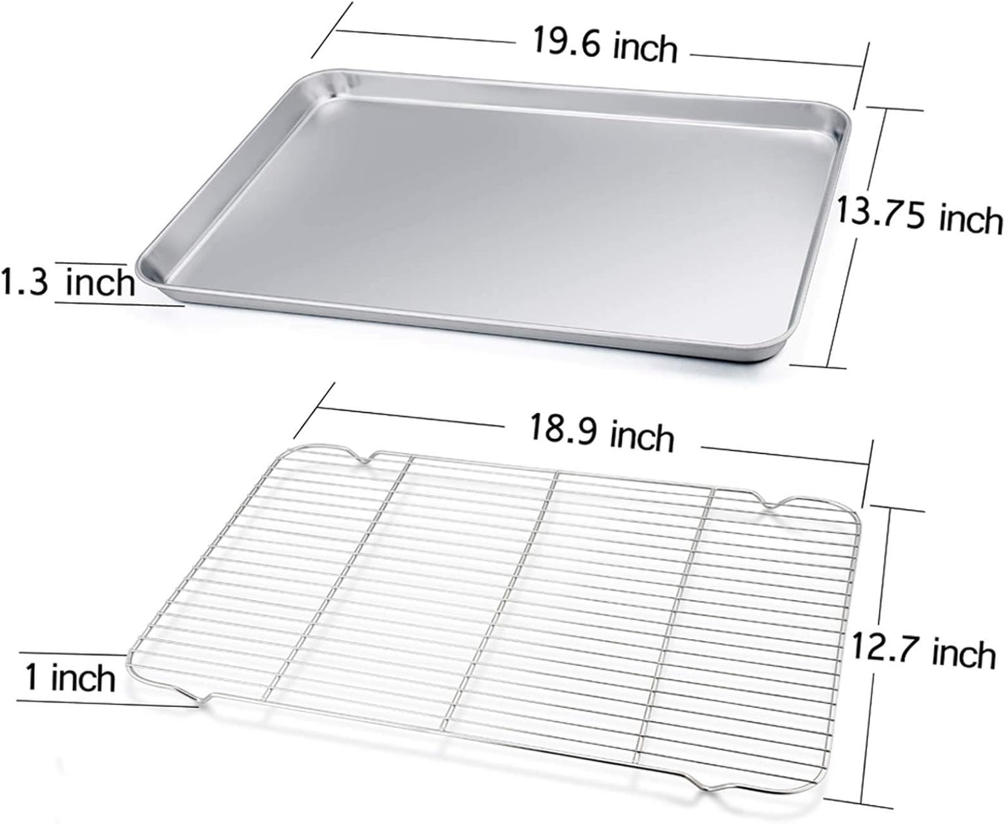 TeamFar Baking Sheet with Rack Set of 4, 20’’×14’’×1.2’’, Half Size Stainless Steel Cookie Sheet Baking Pans with Cooling Rack Set, Non Toxic & Rust Free, Mirror Finish & Easy Clean, 2 Pans & 2 Racks