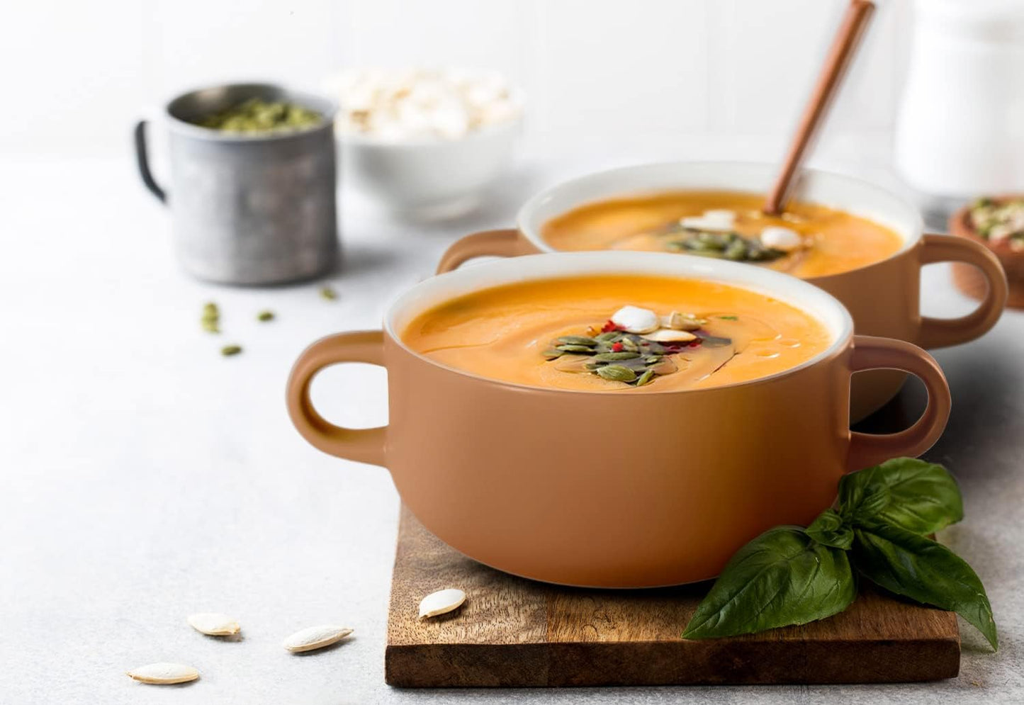 Kook Soup Crocks, Ceramic Bowls, Broil, Oven, Microwave and Dishwasher Safe, with Handles, For Casserole, Pasta, Cereal, 18 oz, Set of 4 (Caramel)