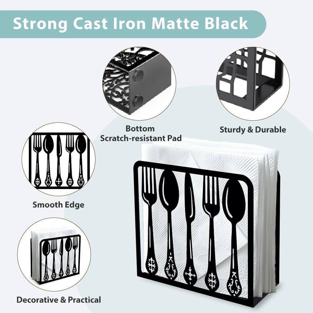 Tableware Decorative Black Metal Napkin Holder for Table, 4.9" x 4.9" x 1.9" Standing Napkin Holder for Home Kitchen Restaurant Picnic Party Coffee Bar Dining Room