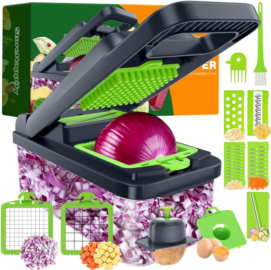 12-in-1 Vegetable Chopper, 7 Blades Veggie Chopper with Container and Lid, Dicer, Slicer, Multifunctional Kitchen Gadgets, Vegetable Cutter with Handle, Onion Cutter(Green/Grey)