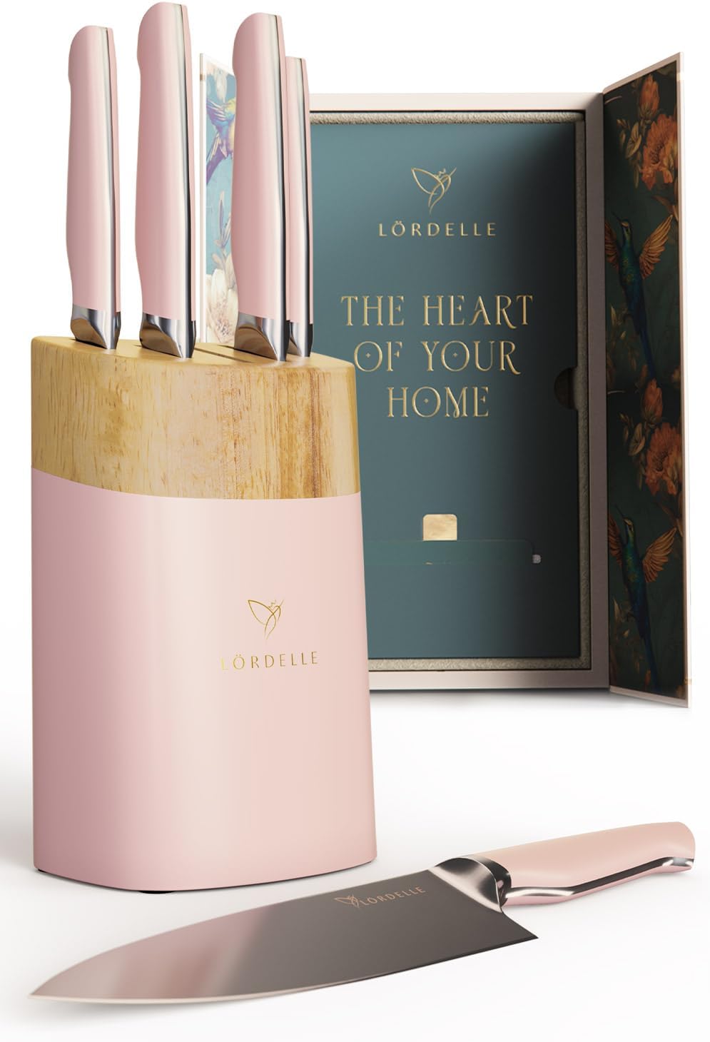 Lordelle Knife Block Set - 5 Piece Set - Rosewood Pink - Lifestyle Home Kitchen Design - German X50 Stainless Steel - ABS Handle - Ash Wood Block - Cooking Chef Knife, Santoku, Paring, Utility