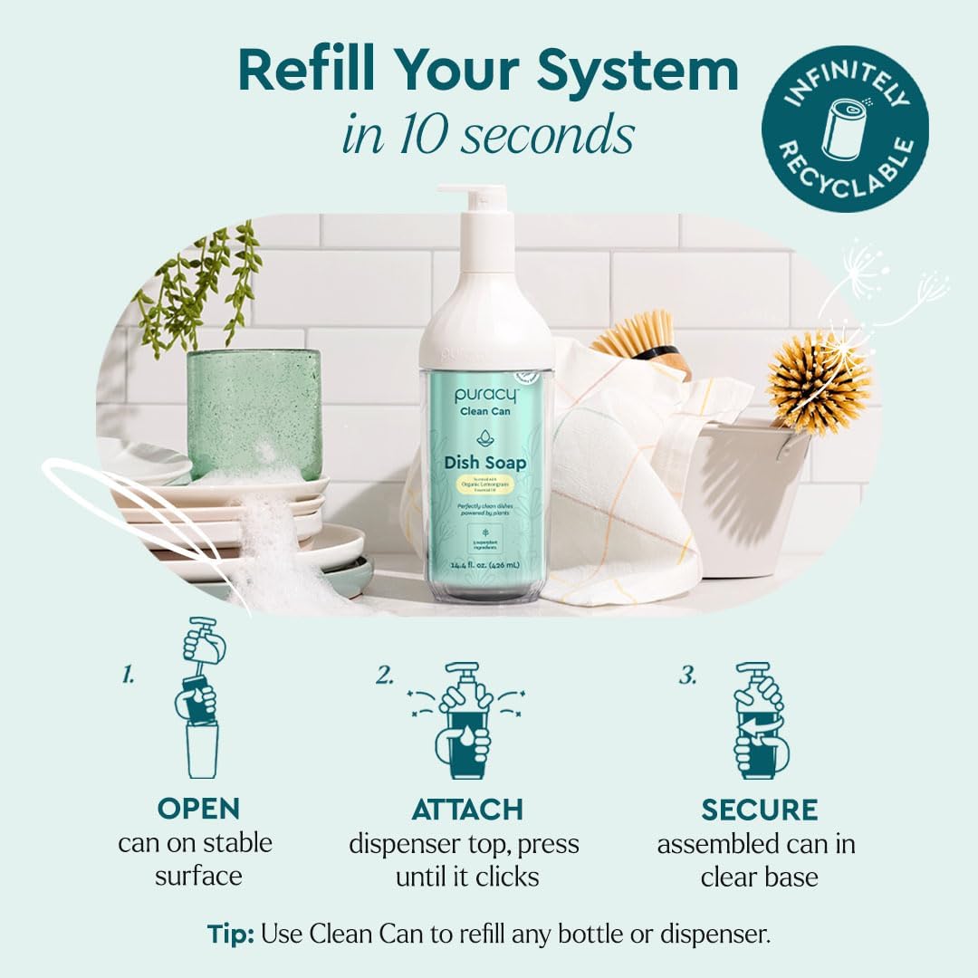 Puracy Natural Dish Soap Clean Can Refill Packs- Plant-Based Dishwashing Soap, Non-Toxic Dish Soap, Natural Liquid Dishwashing Detergent Soap As Seen on TikTok (Organic Lemongrass, 14.4 fl oz, 3 Pack)