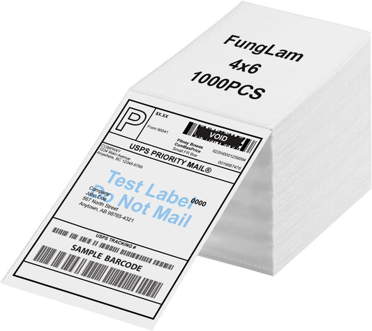FungLam 4"x6" Shipping Labels, Fanfold, Adhesive - 1000 Direct Thermal Printer Labels