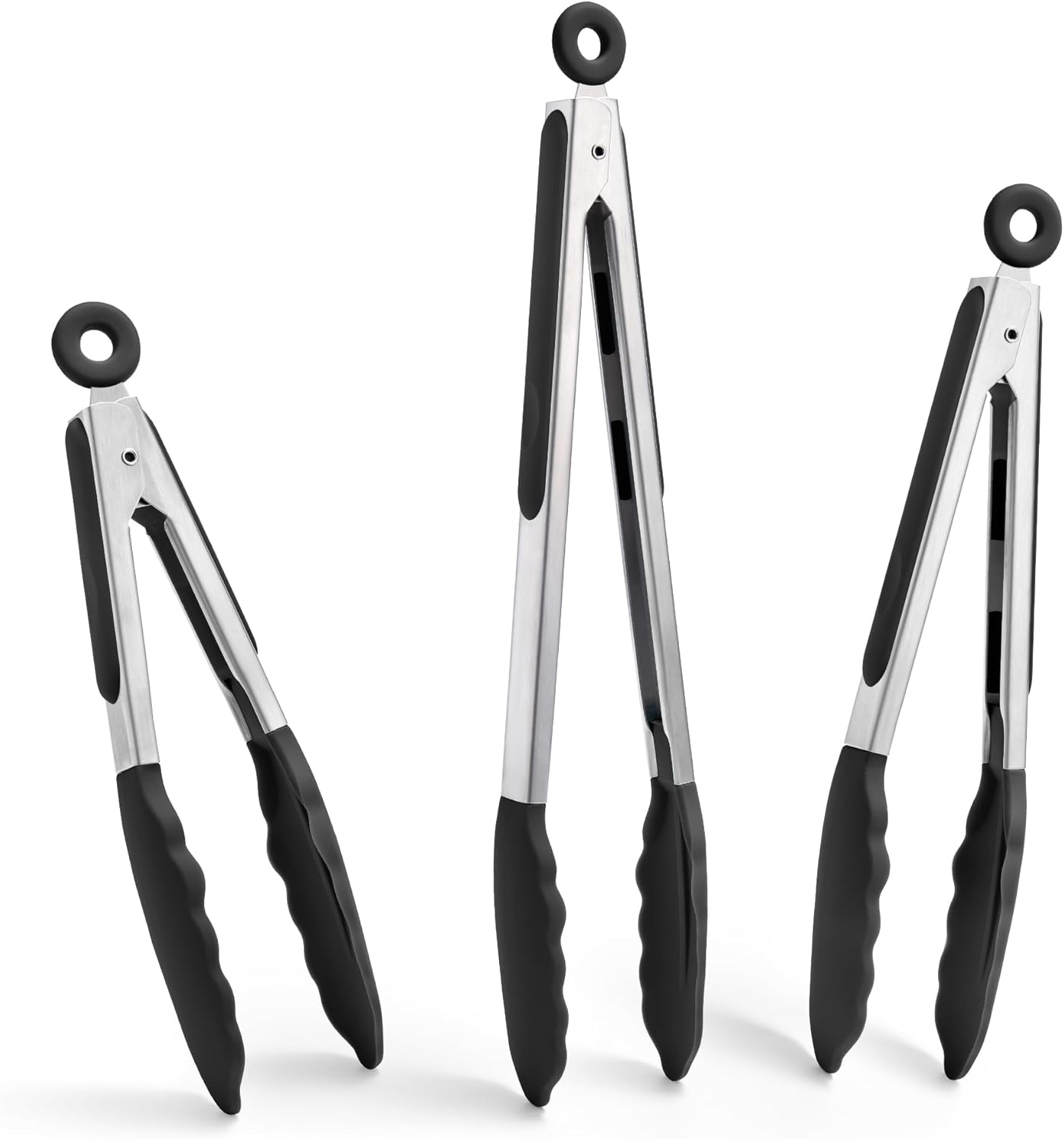 Doosu Kitchen Tongs for Cooking - 600°F Heat Resistant Food Tong Set with Non-Scratch Silicone Tips, Heavy Duty Stainless Steel Locking Tong for BBQ, Grilling Steak, Serving Salad (7+9+12in, Black)