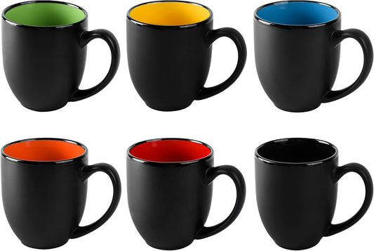 16oz ceramic Coffee Mug Sets with Large Handles Matte Black Porcelain Mug Multiple colors Cups for Coffee, Tea, Juice, Cocoa Set of 6 (16oz)