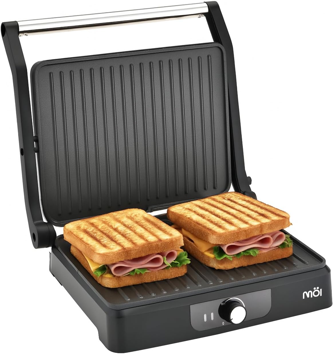 MOI Panini Press Grill & Sandwich Maker - 180° Dual-Plate Stainless Steel Grill Press for Paninis, Grilled Cheese, Burgers, Quesadillas, Breakfast, and More - 11 x 9 Inch Panini Maker with Drip Tray