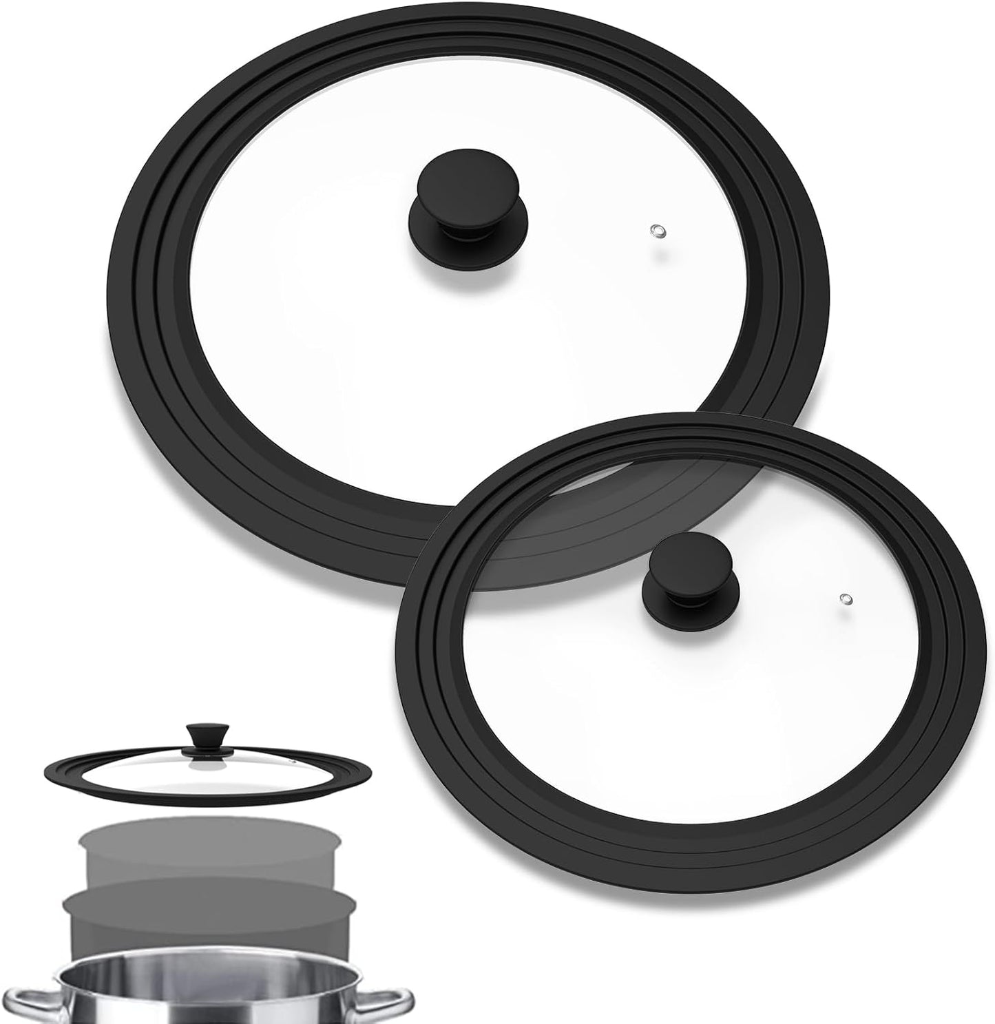 Universal Lid, Tempered Pan Lid with Heat Resistant Silicone Rim, Fits All 6" to 12" Diameter Cookware, Pots, Pans and Skillets (2PK)