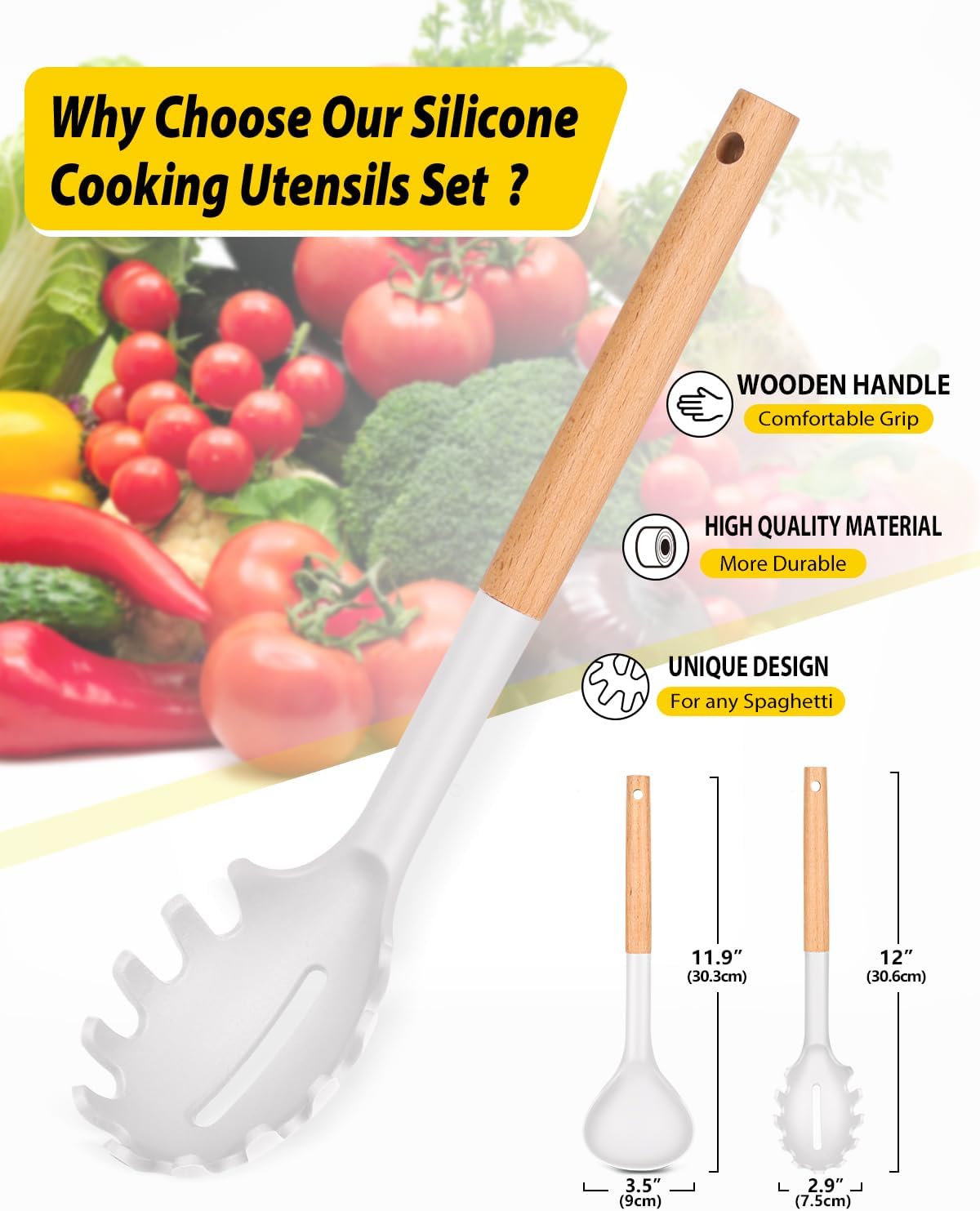 Silicone Pasta Fork and Ladle Spoon Set with Wooden Handle, Heat Resistant Non Stick Kitchen Utensils for Cooking, Stirring, Serving Spaghetti, Soup, Sauce(WHITE)