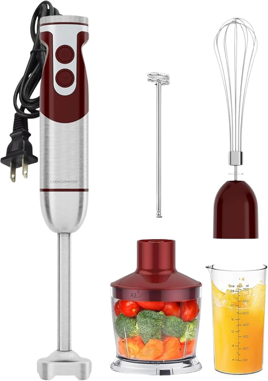 MegaWise 5-in-1 Hand Blender Set with Variable Speed Control, 400W Immersion Blender - Includes Whisk, Milk Frother, Chopper, and Beaker for Smoothies, Soups, and Baby Food (RED)