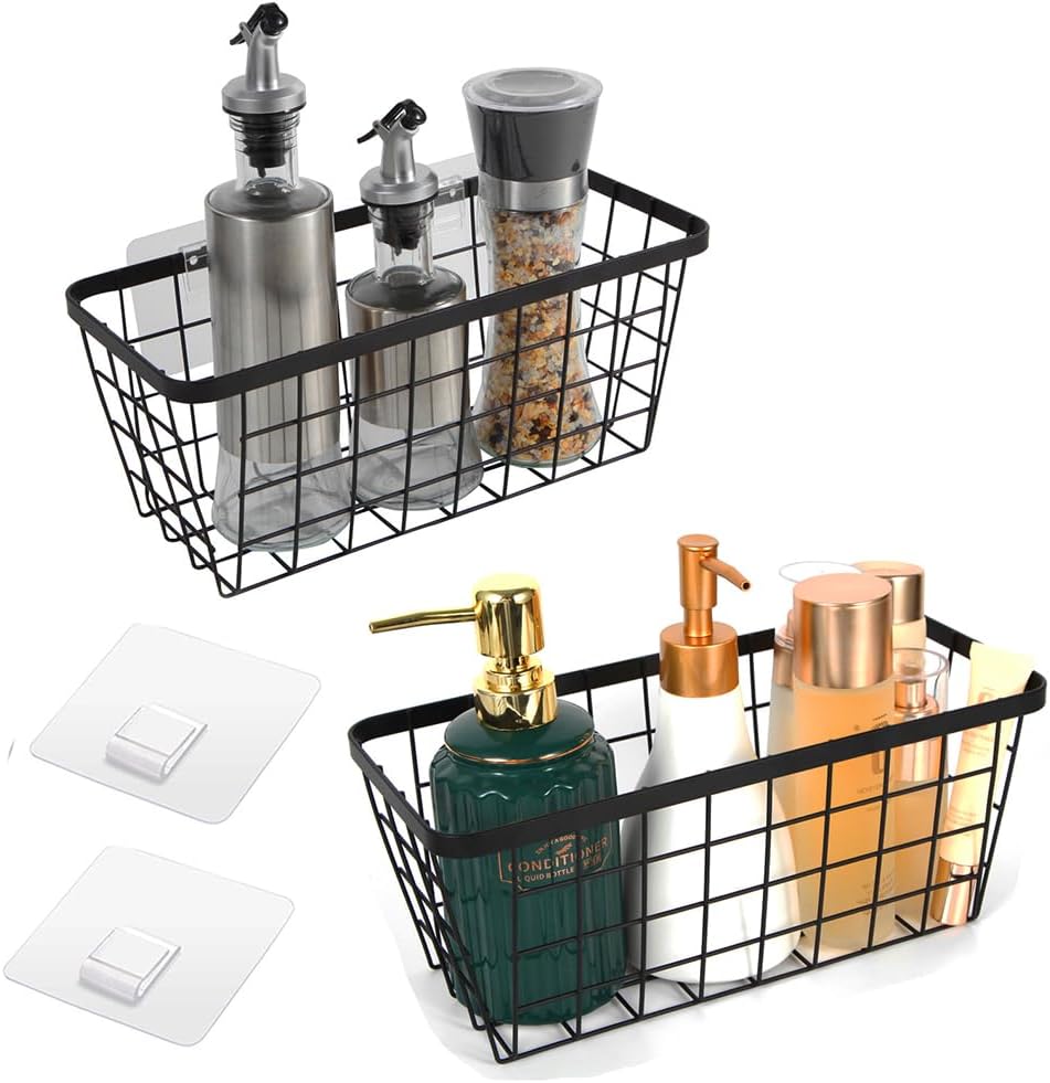 2 Pack Hanging Wall Basket Organizer Over the Cabinet Door Wire Baskets for Organizing -Space-Saving Hanging Baskets for Organizing Wall Mount Storage,No Drilling Adhesive Wall Storage Basket, Black