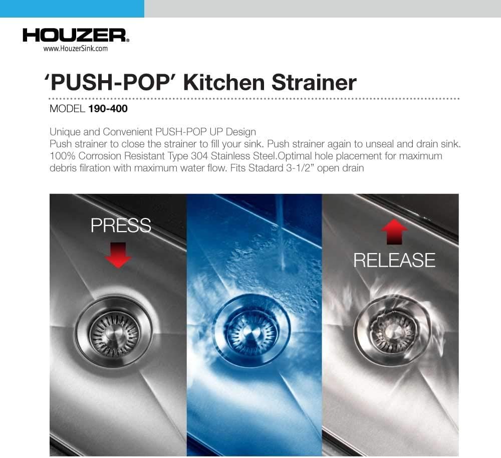 Houzer 190-9300 - 3-1/2 Inch Stainless Steel Deep Cup Kitchen Sink Basket Strainer, Durable Food Catcher Stopper for Metal Kitchen Sink, Ideal for Filtering Waste and Preventing Clogs