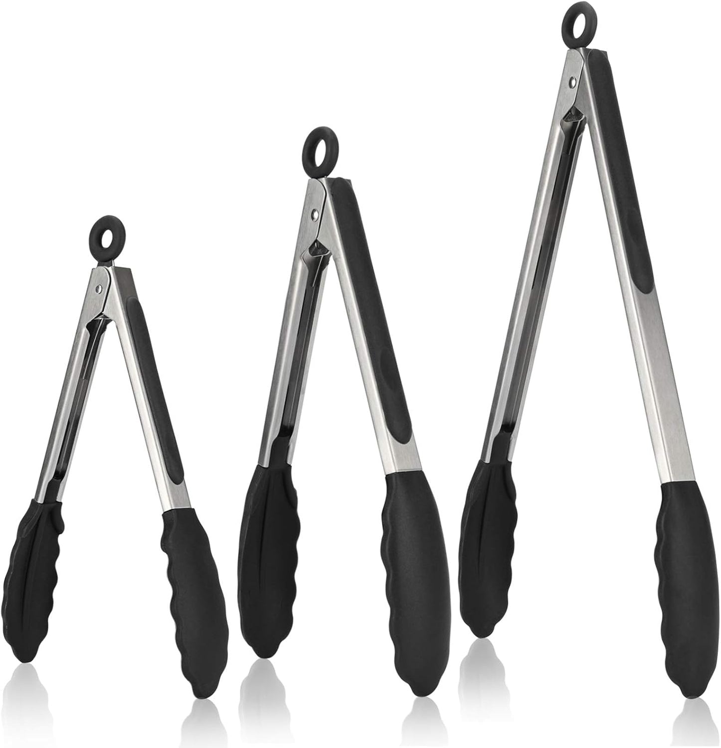 Kitchen Tongs, U-Taste 7/9/12 inches Cooking Tongs, with 600ºF High Heat-Resistant Non-Stick Silicone Tips, 18/8 Stainless Steel Handle, for Food Grill, Salad, BBQ, Frying, Serving, Pack of 3(Black)