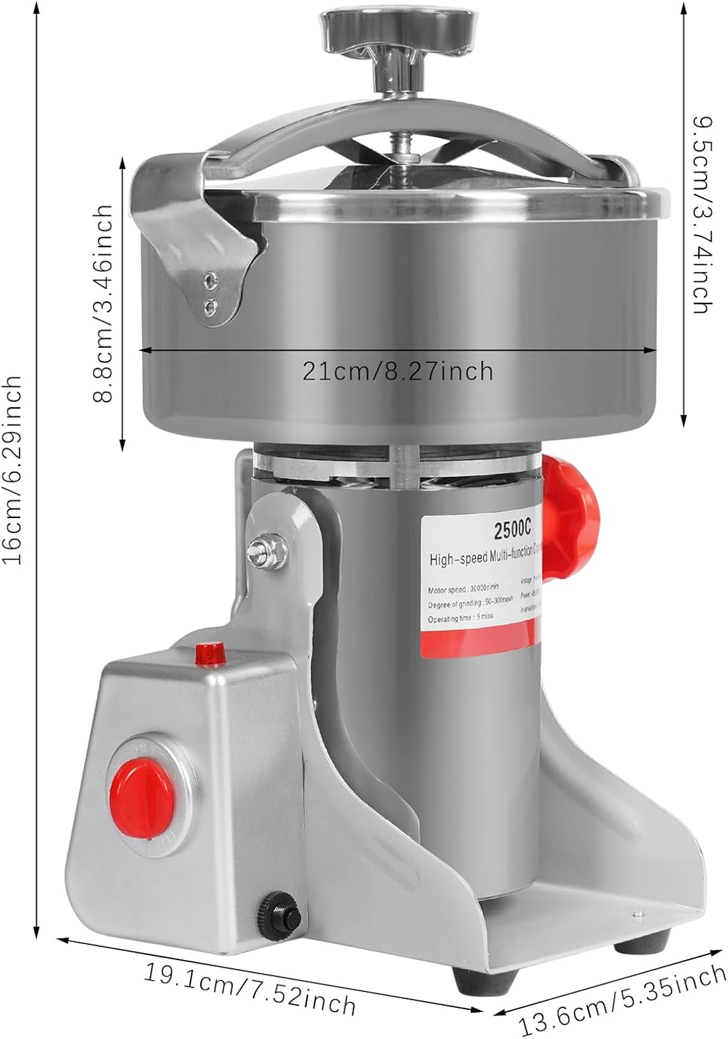 Electric Grain Mill Grinder High Speed 30000r/min Powder Machine Grain Spice Herb Grinder Dry Grinder Machine Stainless Steel Powder Grinder for Dry Spice Herbs Grains Coffee Rice Pepper (2500g 4500W)