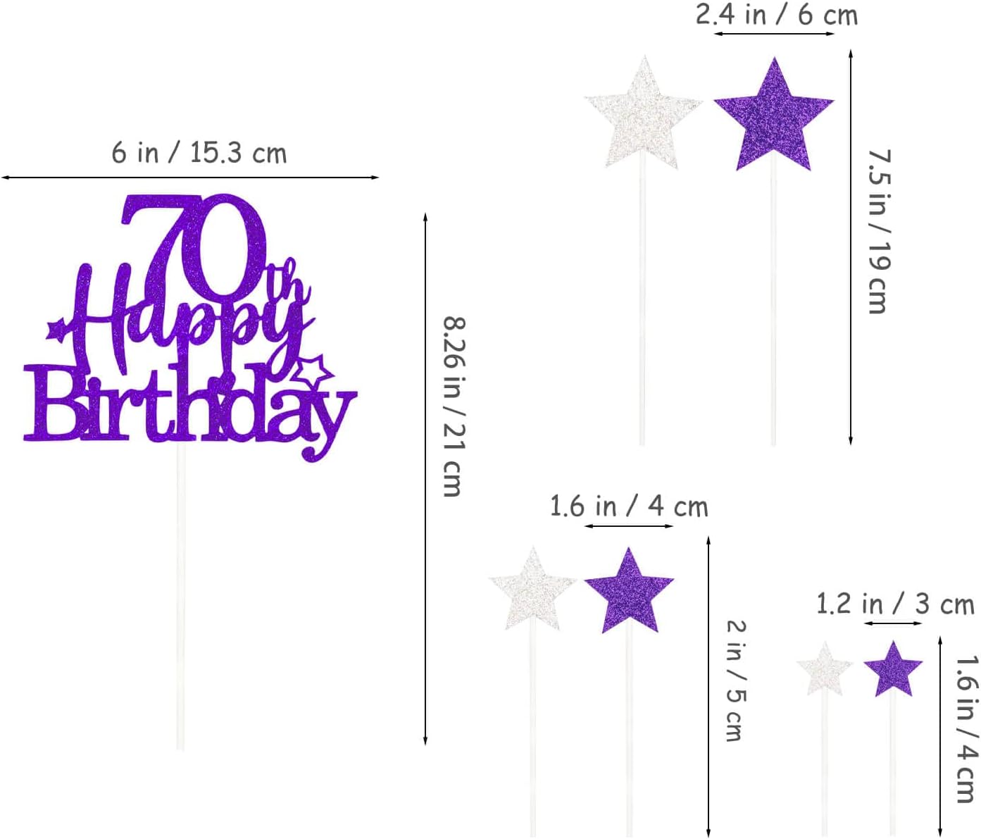 Glittery 70th Happy Birthday Cake Topper with Star,Personalised 70 Birthday Cake Toppers Party Decorations Party Supplies for Men Women Purple Silver