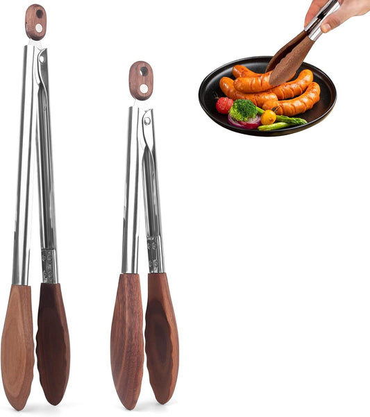 2-pcsTongs for Cooking with Wooden Tips - Nonstick Cooking Tongs & Salad Tongs for Blooming Food，Cooking, BBQ and Tossing Salad - Made of Natural Walnut Wood，Long Style15inch Short Style 11.4inch