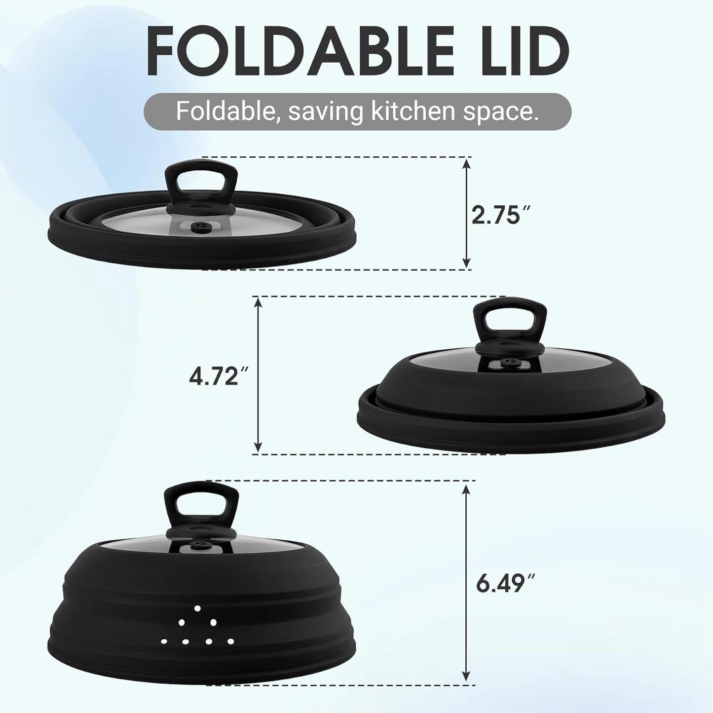 Microwave Splatter Cover Collapsible Silicone & Tempered Glass 11.8 Inch Microwave Cover for Food Splatter Guard with Steam Vents Dishwasher Safe Fits Bowls, Plates & Pots (Black)