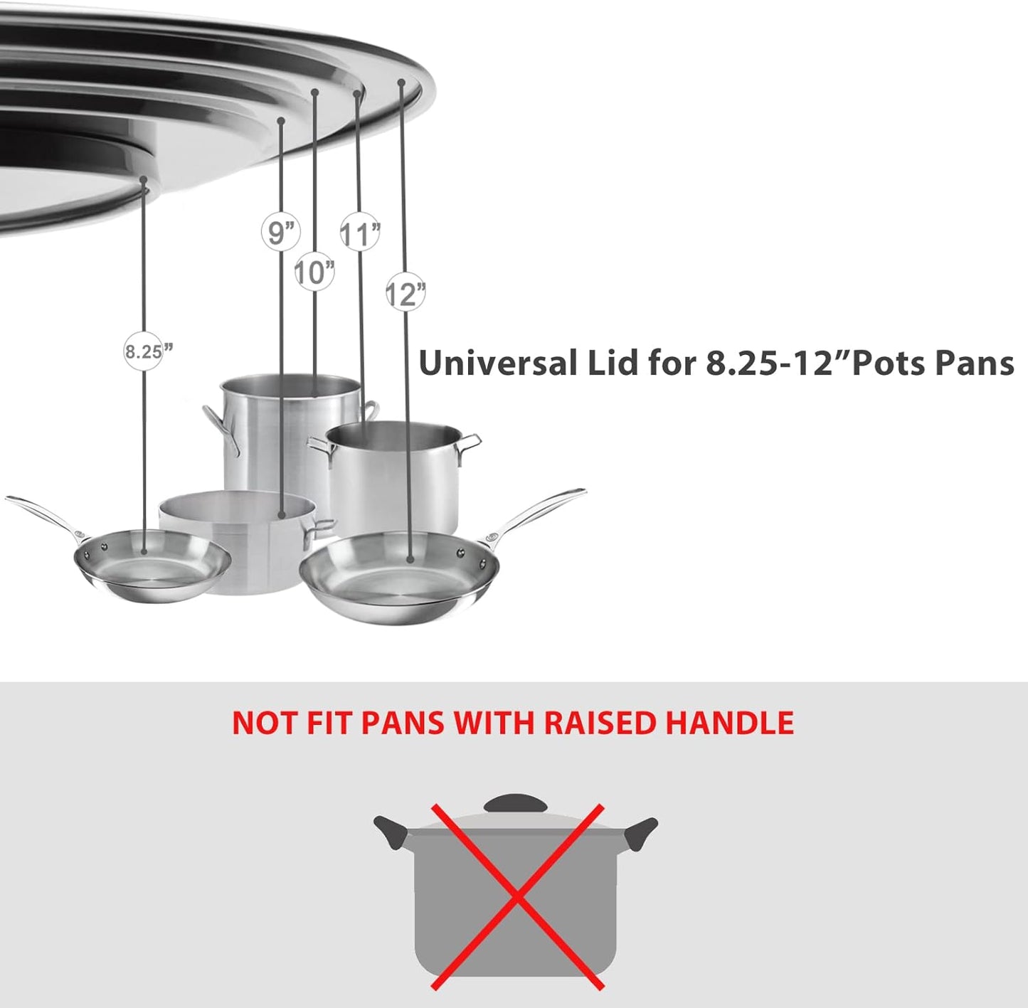 Universal Pans Pots Lid Cover Fit All 8.25 Inch to 12 Inch Pots/Pans/Woks Stainless Steel and Glass Lid with Heat Resistant Knob, Gray