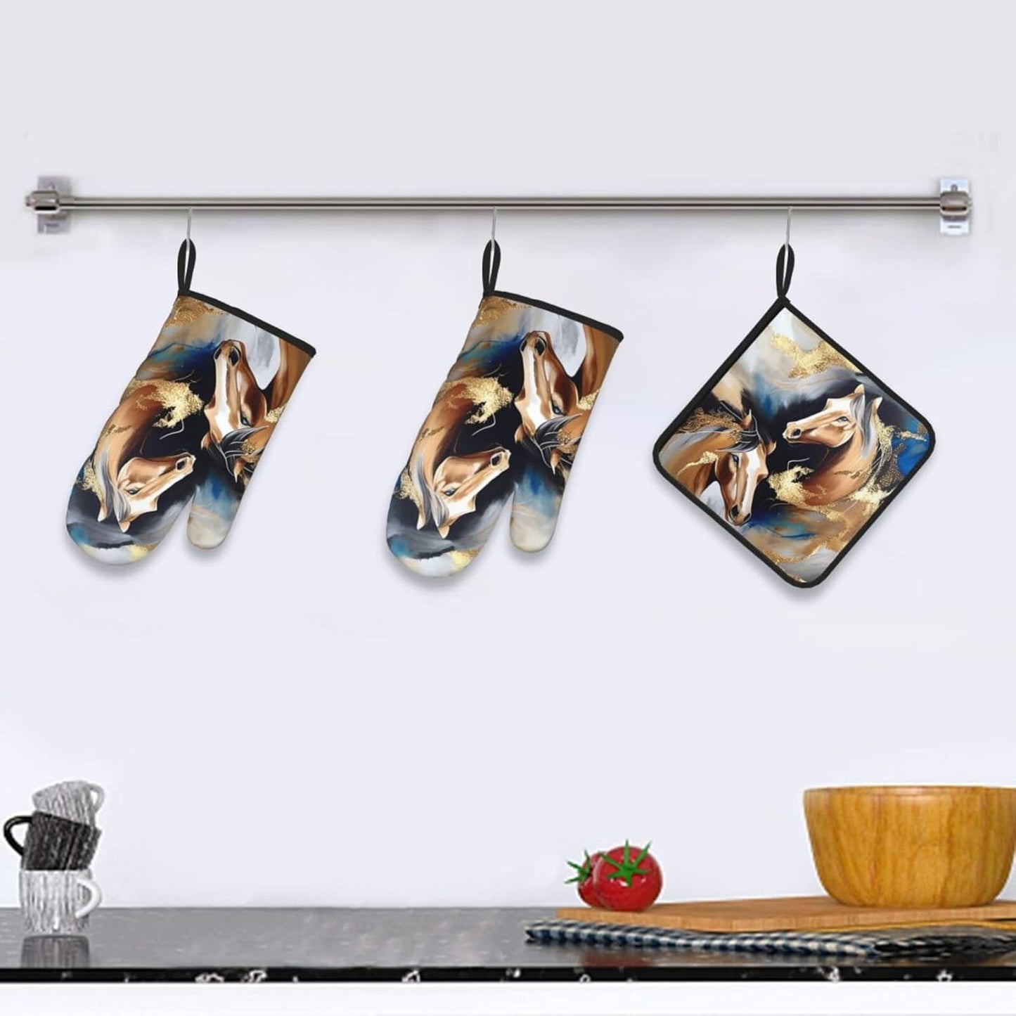 Horse Oven Mitts and Pot Holders Sets of 3 Modern Kitchen Decor Heat Resistant Hot Pads Funny Oven Gloves for Cooking Grilling Baking