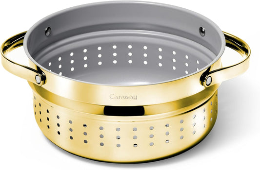 Caraway Steamer - Stainless Steel Steamer with Handles - Non Stick, Non Toxic Coating - Steam Veggies, Seafood, and More - Compatible With Our Dutch Oven or Sauce Pan - Large, 6.5qt - Gold