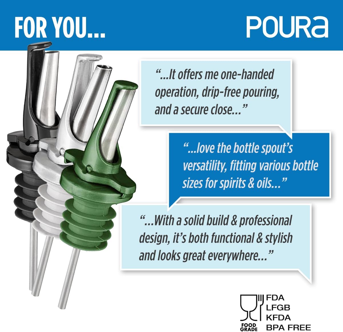 3-in-1 Liquor Pour spout with Built-in Fruit Fly Protection - Dishwasher Safe Hygienic Alcohol Speed Spouts - Also for Olive Oil, Juice, Syrup. Silver 2 Pack