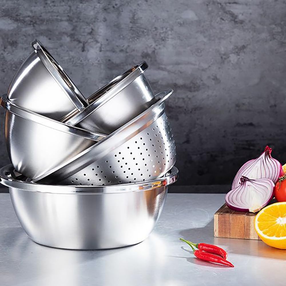 4-Piece Stainless Steel Mixing Bowls and Microporous Colanders Set, 3QT & 5QT Nesting Bowls with Fine Drain Strainers for Washing Rice, Fruits, Vegetables, Pasta, and More