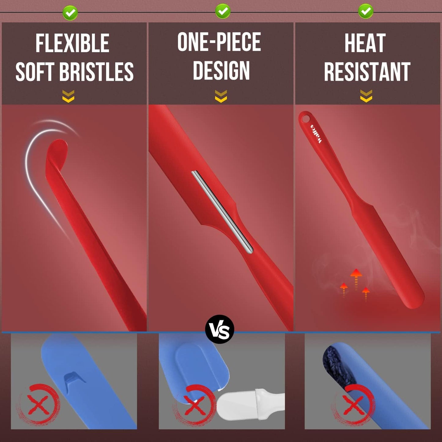 Walfos Silicone Jar Spatula - 600ºF Heat Resistant Kitchen Spatulas(2pcs), Strong Steel Core & One-Pieces Design,Mixing Batter & Cake Cream Spatulas, for Cooking & BPA Free & Dishwasher Safe, Red