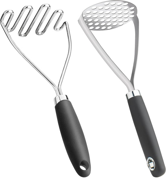 Potato Masher Set of 2 Pieces, 10.25-Inch Stainless Steel Wire Mashed Potato Masher, Kitchen Gourmet Making Tools Professional Integrated Honeycomb, For Vegetable, Fruit, Melon, Potato Etc, Black