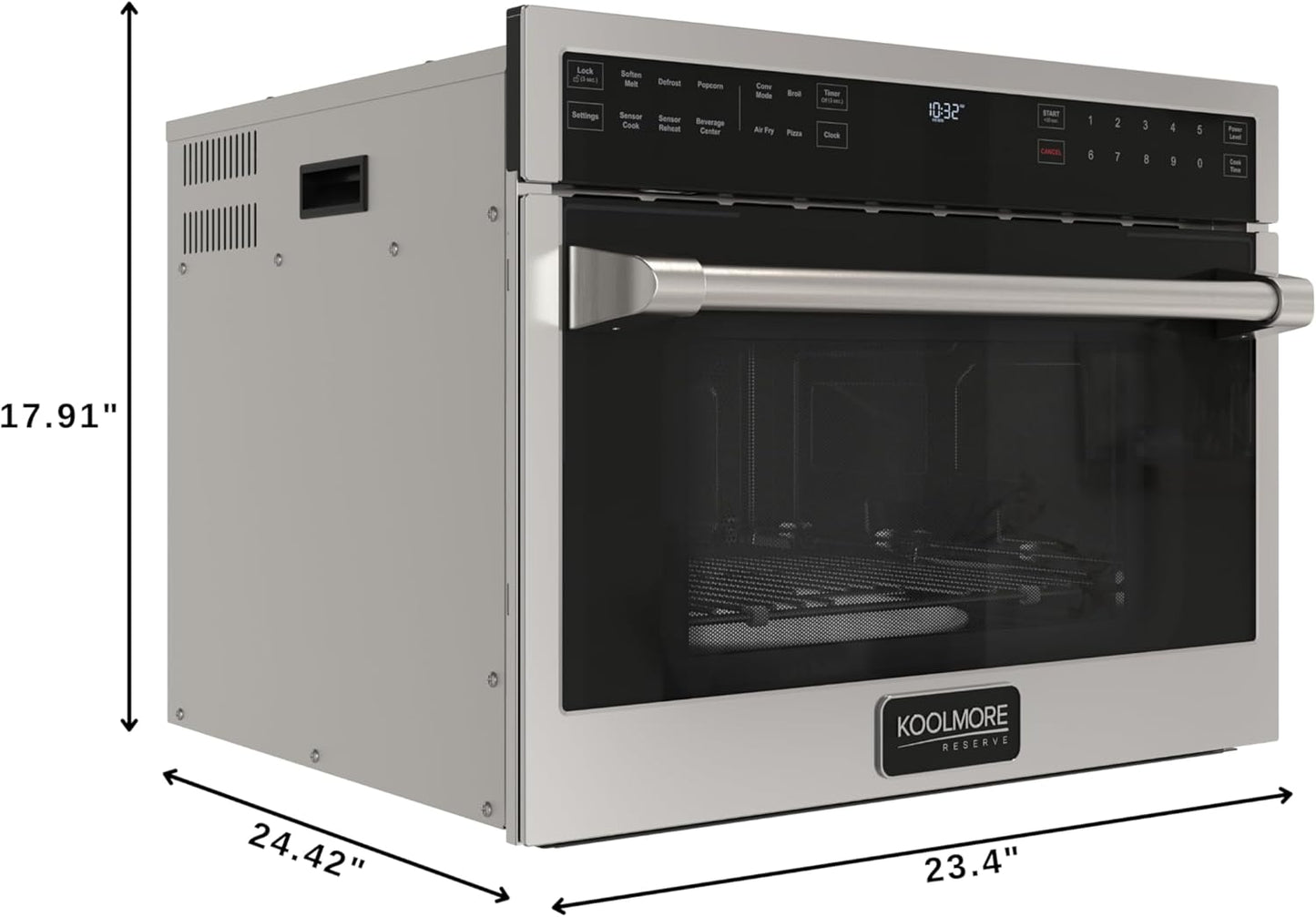 KoolMore KM-CWO24-AFSS Reserve Built-in Microwave Convection Oven with Air Fry, 3-in-1 Combo, Sensor Cook, Soft-Close Door, Stainless Steel, Premium 24 in. /1.6 cu. ft, Black