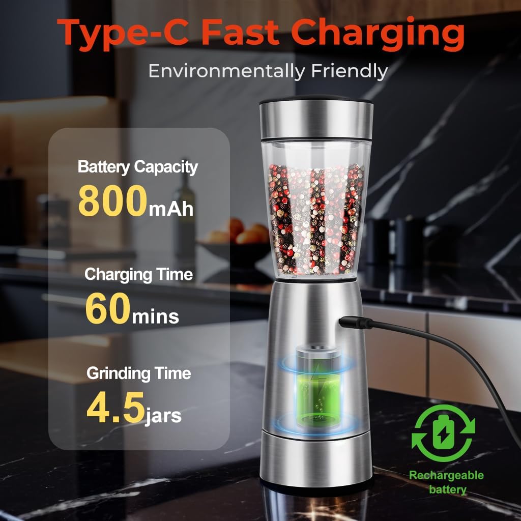 Electric Salt and Pepper Grinder Set, Rechargeable with LED Lights, Stainless Steel Automatic Pepper & Salt Mill with 5 Adjustable Coarseness (Upgraded Larger Capacity 150 ML)