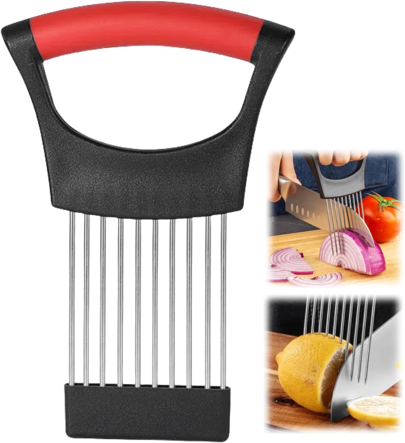 Onion Slice Holder, 2024 New Stainless Steel Holder for Slicing, Chopper Assistant Tool, Cutter for Meat, Onion, Potato, Tomato Kitchen Gadgets (Red, 1 Pack)