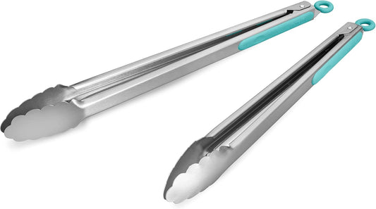 304 Stainless Steel Kitchen Cooking Tongs, 14" and 16" Set of 2 Sturdy Grilling Barbeque Brushed Locking Food Tongs with Ergonomic Grip, Aqua Sky