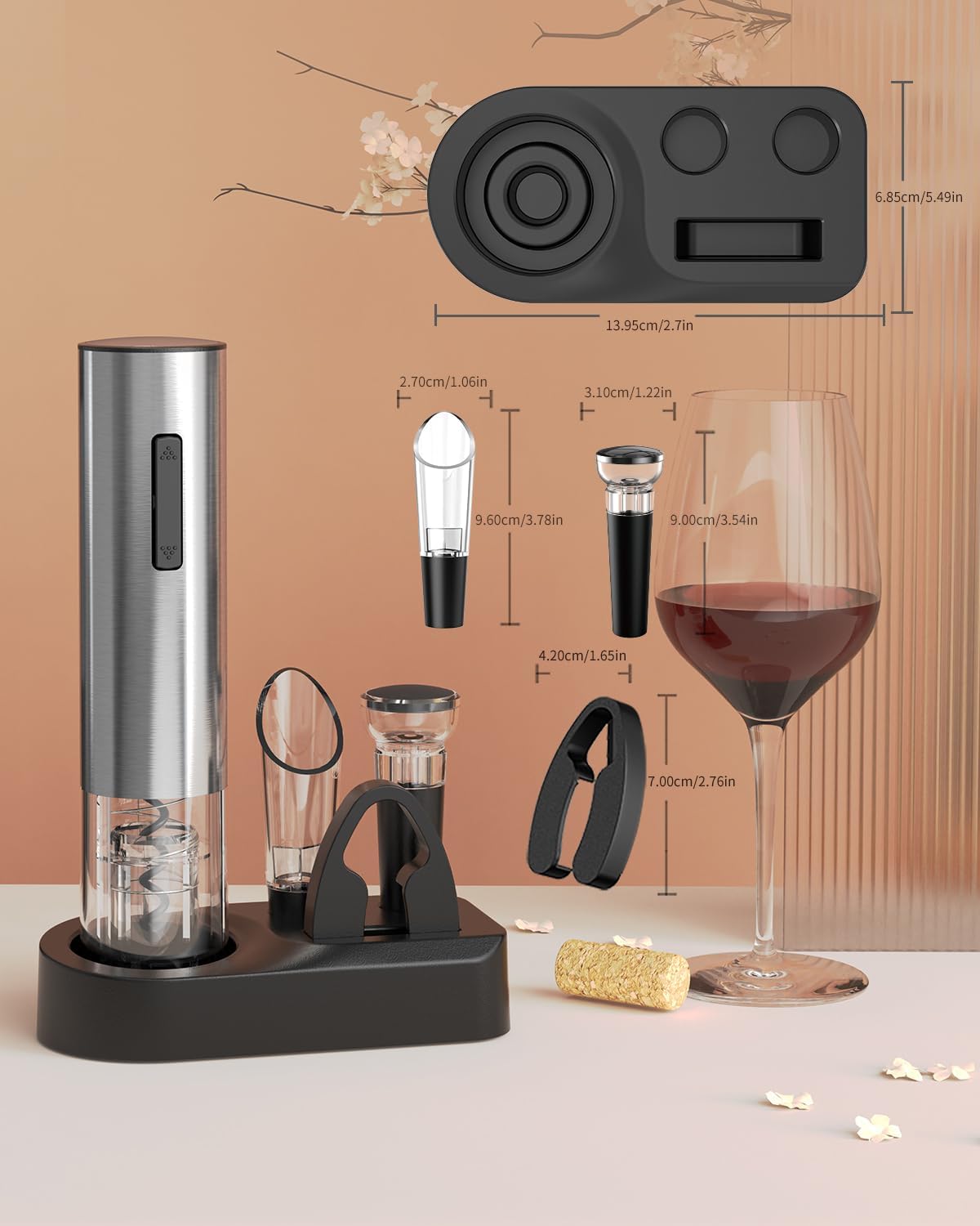 CIRCLE JOY 6-in-1 Electric Wine Opener Set Rechargeable Stainless Steel Wine Opener Gift Set with Foil Cutter, Rechargeable & Manual Wine Aerator Pourers, Vacuum Wine Stopper and Storage Base, Silver