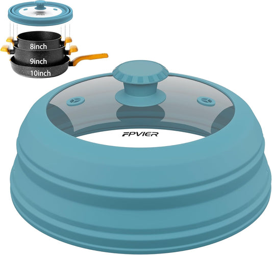 Collapsible Microwave Splatter Cover - Vented Silicone & Glass Lid with Easy-Grip Handle, Fits 6 to 10 Inch Plates & Bowls, 10.8 Inch Diameter, Prevents Splatters & Ensures Even Heating