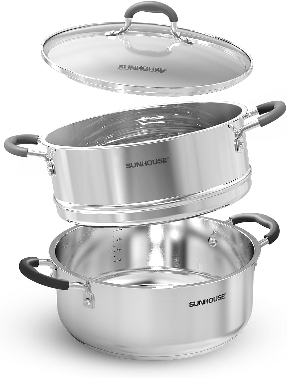 Sunhouse - 4.6 Quarts Steamer Pots With Lid 2-Tier Multipurpose Stainless Steel Steaming Pot Cookware For Vegetable, Dumpling, Sauce, Food - Triple Bottom, Measurement Line