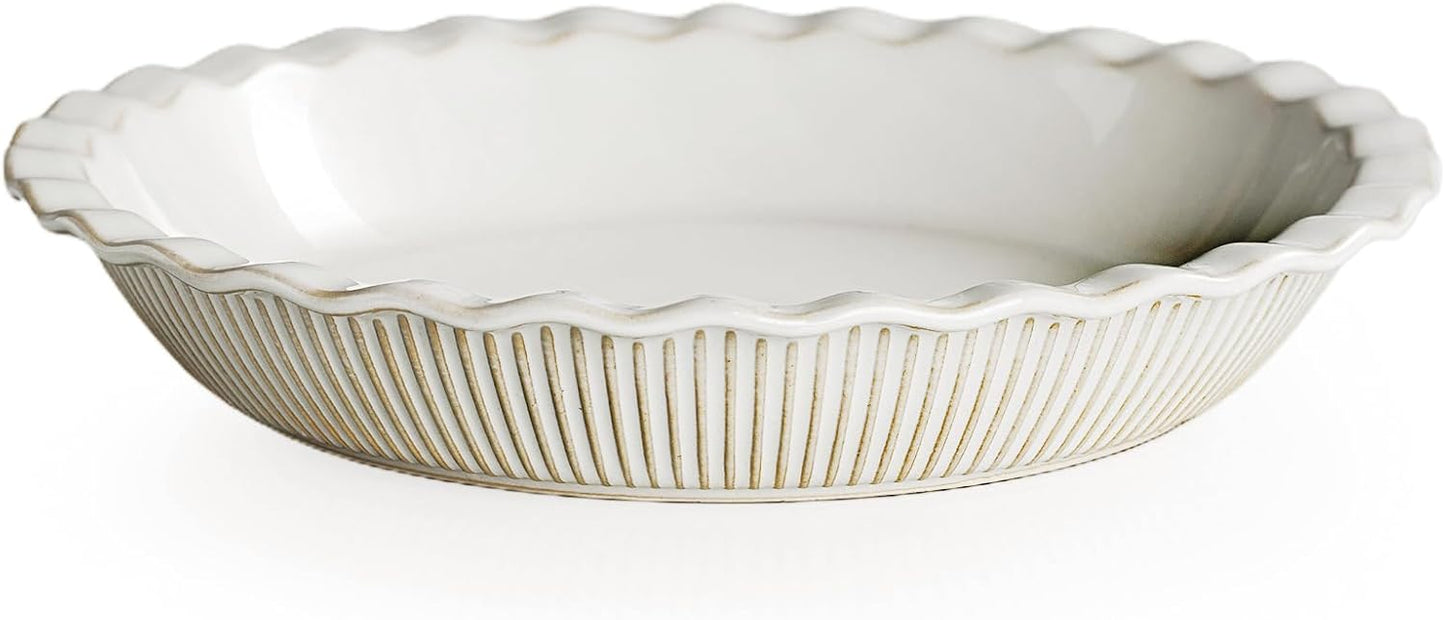 getstar Ceramic Pie Pan, 9 inch Pie Dish for Baking, Non-Stick, Oven & Dishwasher Safe, Farmhouse Decor Quiche Baking Dish, Pie Plate, Deep Dish Pie Pan (Embossed Stripes)