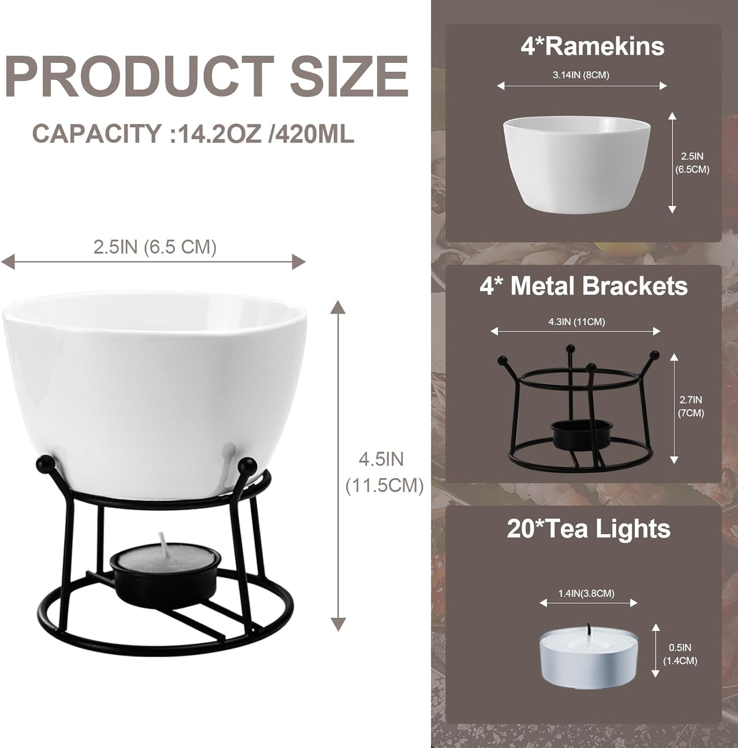 4 Pieces Butter Warmers,420ml Large Butter Warmer for Seafood Cheese,with 20 Pieces Tealight Candles Set for Melting Butter Chocolate Birthday Anniversary Christmas-White