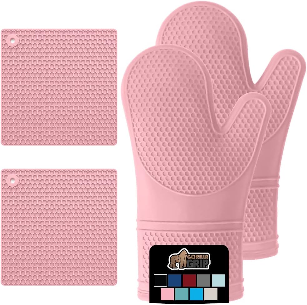 GORILLA GRIP BPA-Free Soft Silicone Oven Mitts and Pot Holders Sets of 4, Heat Resistant Waterproof Cooking Gloves, Thick Cotton Lining, Flexible Gripping for Baking Grilling, Kitchen Trivets, Pink