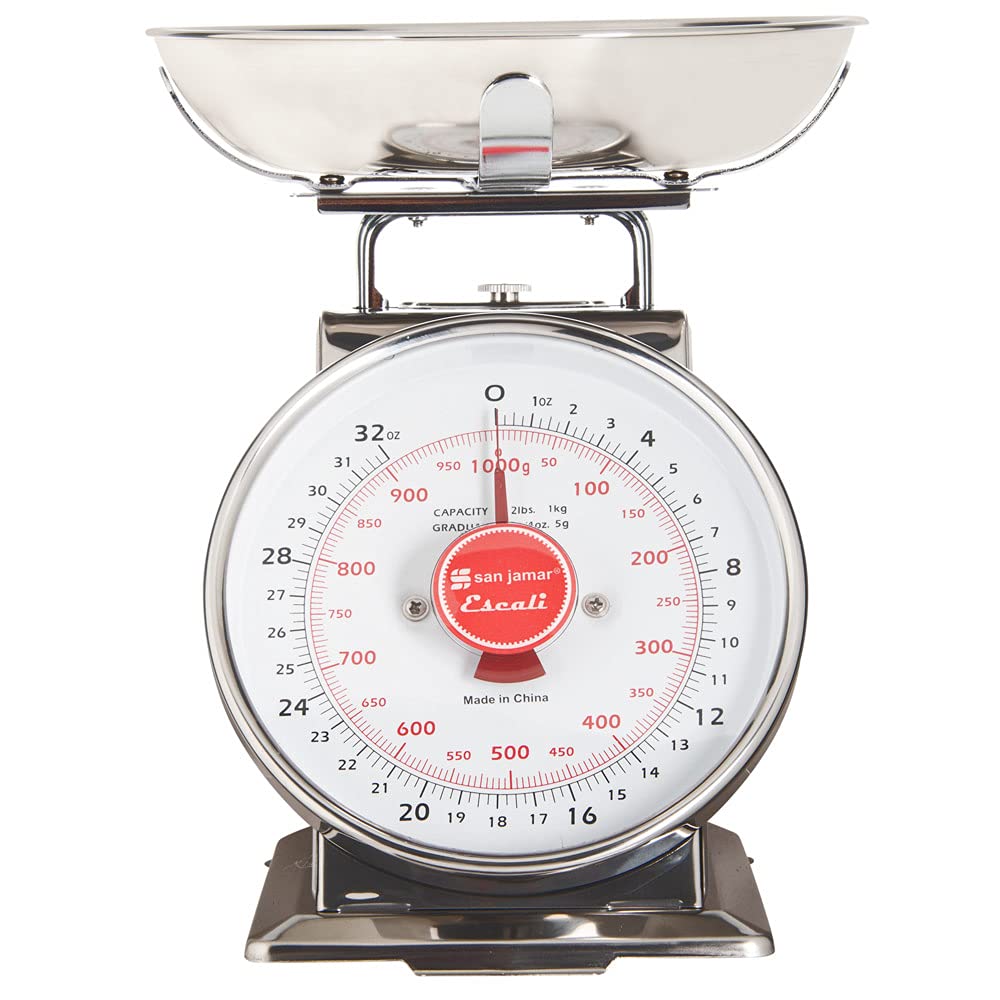 San Jamar Escali Promzr Mechanical Dial Scale with Bowl for Kitchens and Restaurants, Metal, 2 Pounds, Silver
